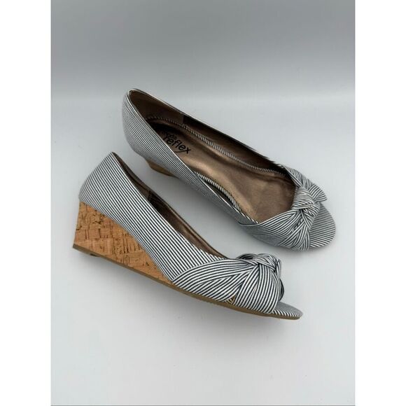 Moda Reflex Womens Navy White Stripe Cork Wedge Peep Toe Shoes Size 9.5 - Picture 4 of 9